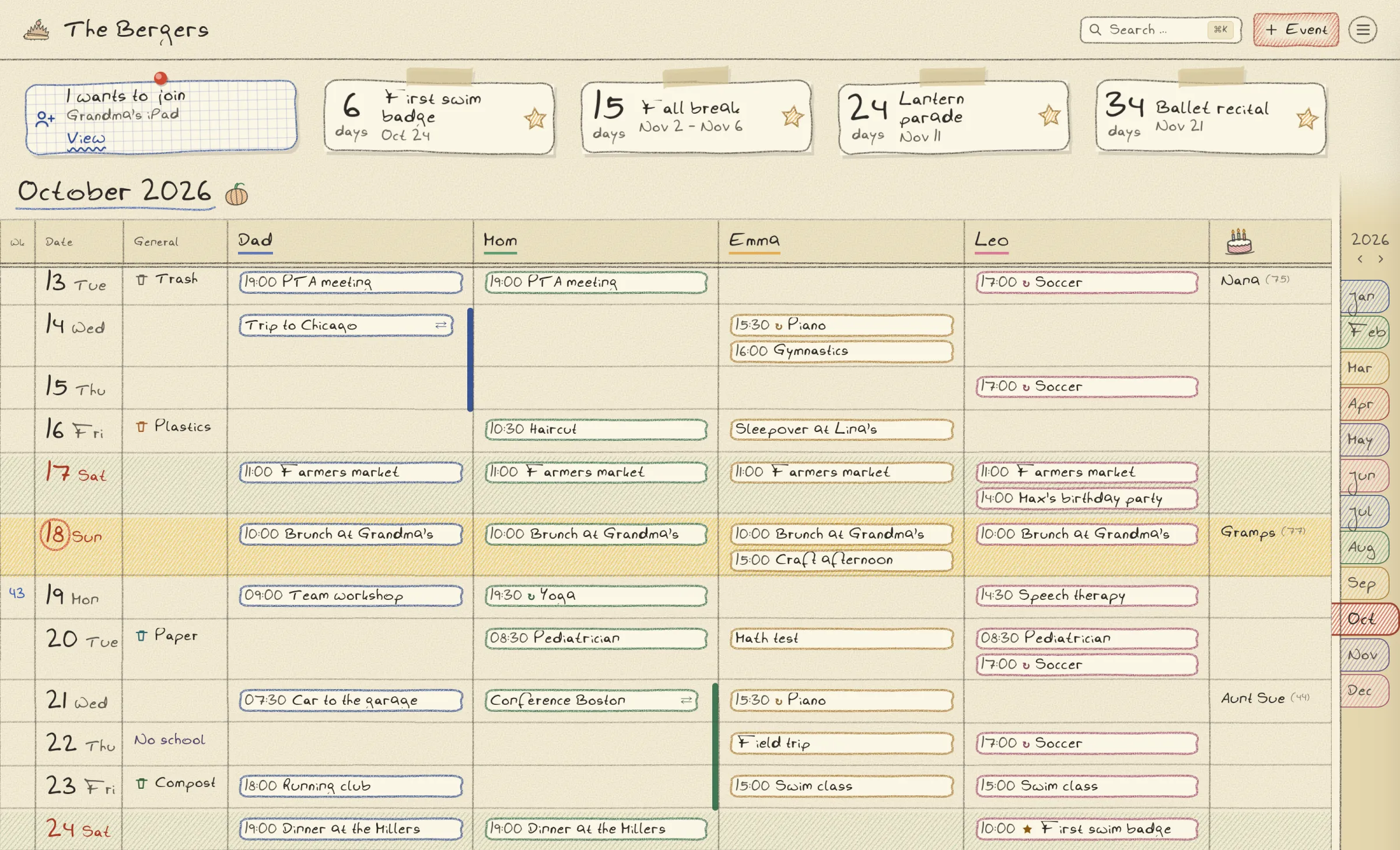 Family Calendar in the Pencil look: a busy month on yellowish paper, hand-drawn lines, each person in their own pencil color, and notes along the top counting down to the next highlights