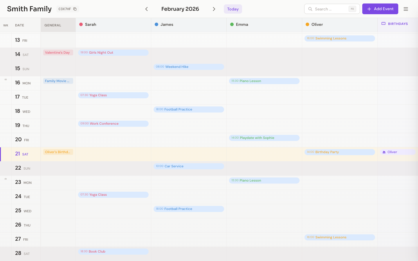 Family Calendar month view with color-coded family members